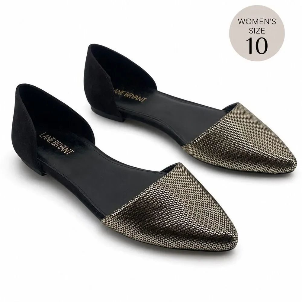 Lane Bryant Metallic D’Orsay Flats Pointed Toe Gold Black NWT Size 10